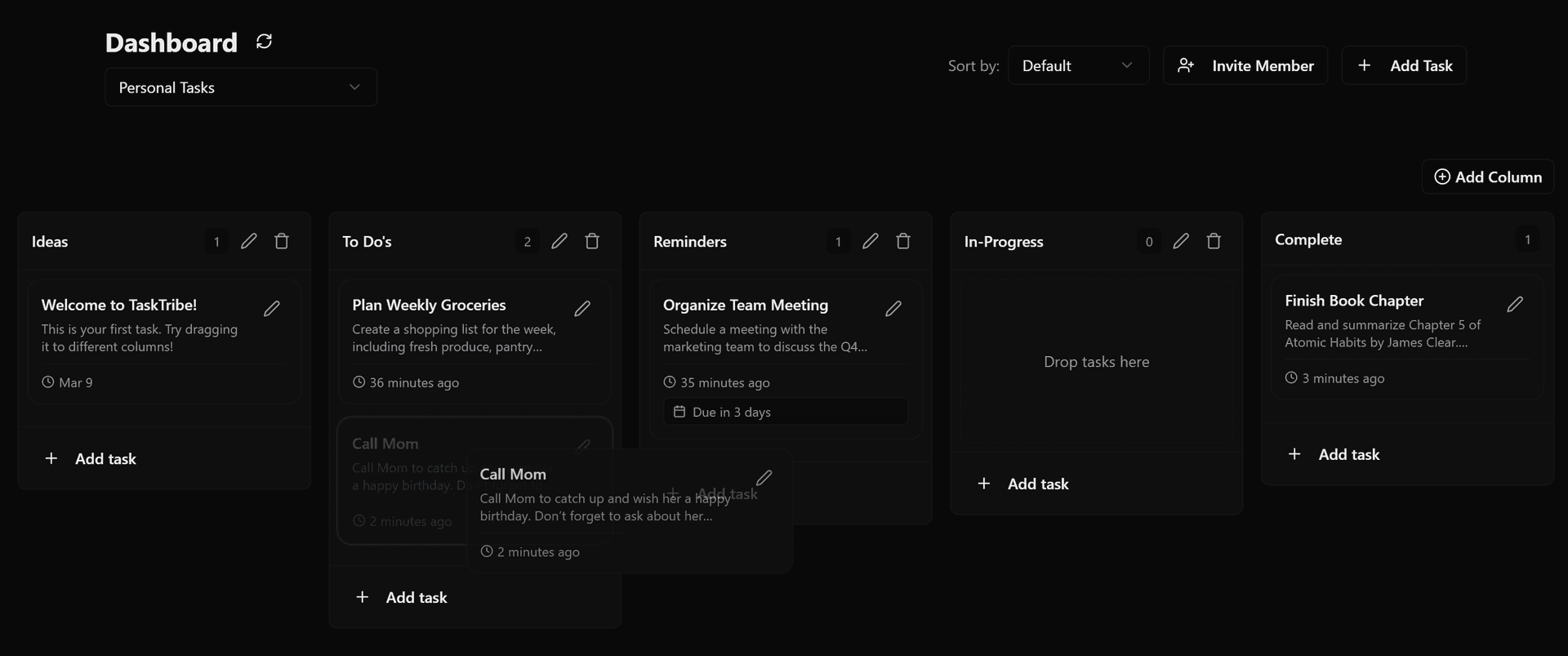 Drag and drop task management interface